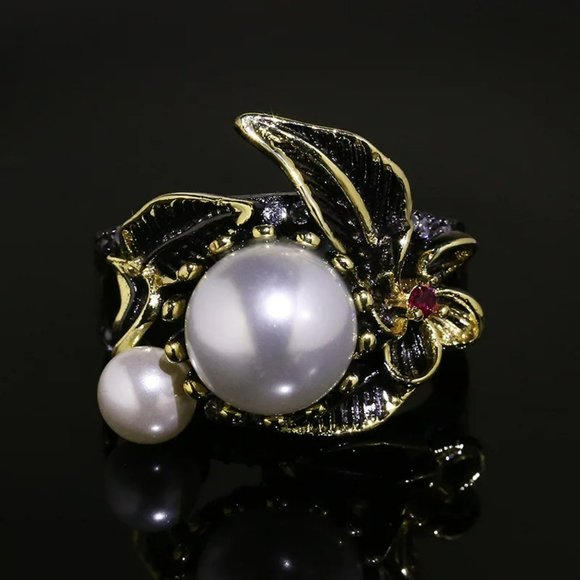 Artistic Round White Pearl Bohemia Black Leaf Flower Ring - Picture 11 of 11